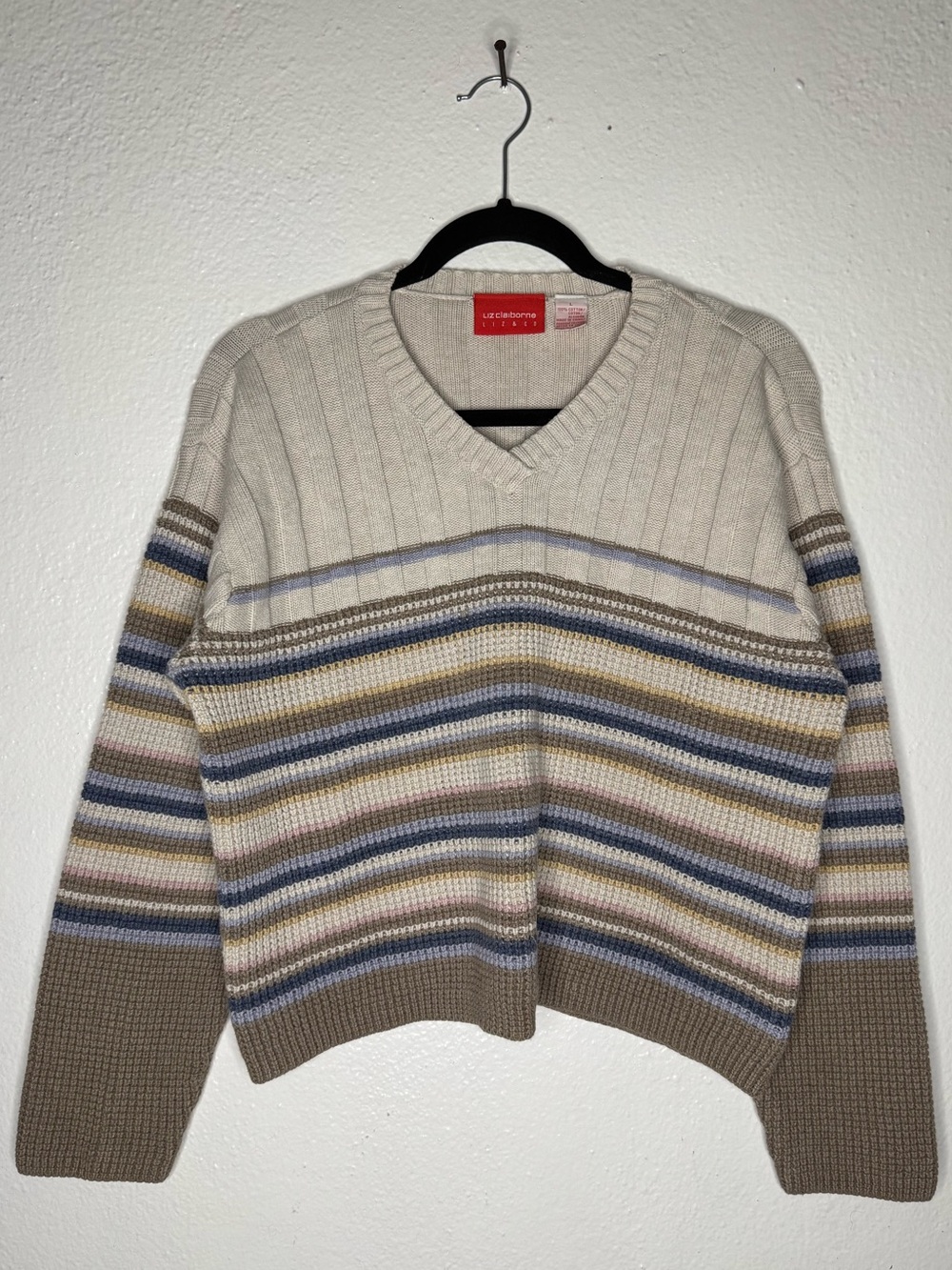 Liz Claiborne Vintage 90s Beige Striped V-Neck Knit Sweater Sz L 100% Cotton
